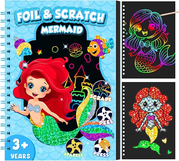 homicozy Art & Craft Activity for Kids - Foil Fun Mermaids & Scratch Art Book 2-in-1, No Mess Art Crafts for Girls,DIY Creative Activity Kit,Gifts for Girls Ages 4, 5, 6, 7, 8, 9, Travel Toys
