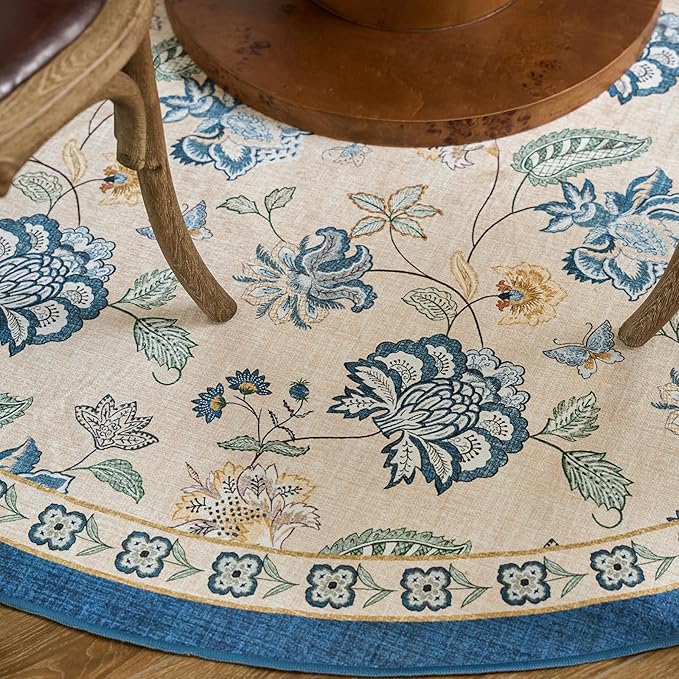 jinchan 8ft Floral Round Rug for Dining Room Washable Living Room Rug Vintage Romance Design Non Slip Indoor Floor Cover Lightweight Low-Profile Throw Carpet for Bedroom Porch Patio, Blue/Beige