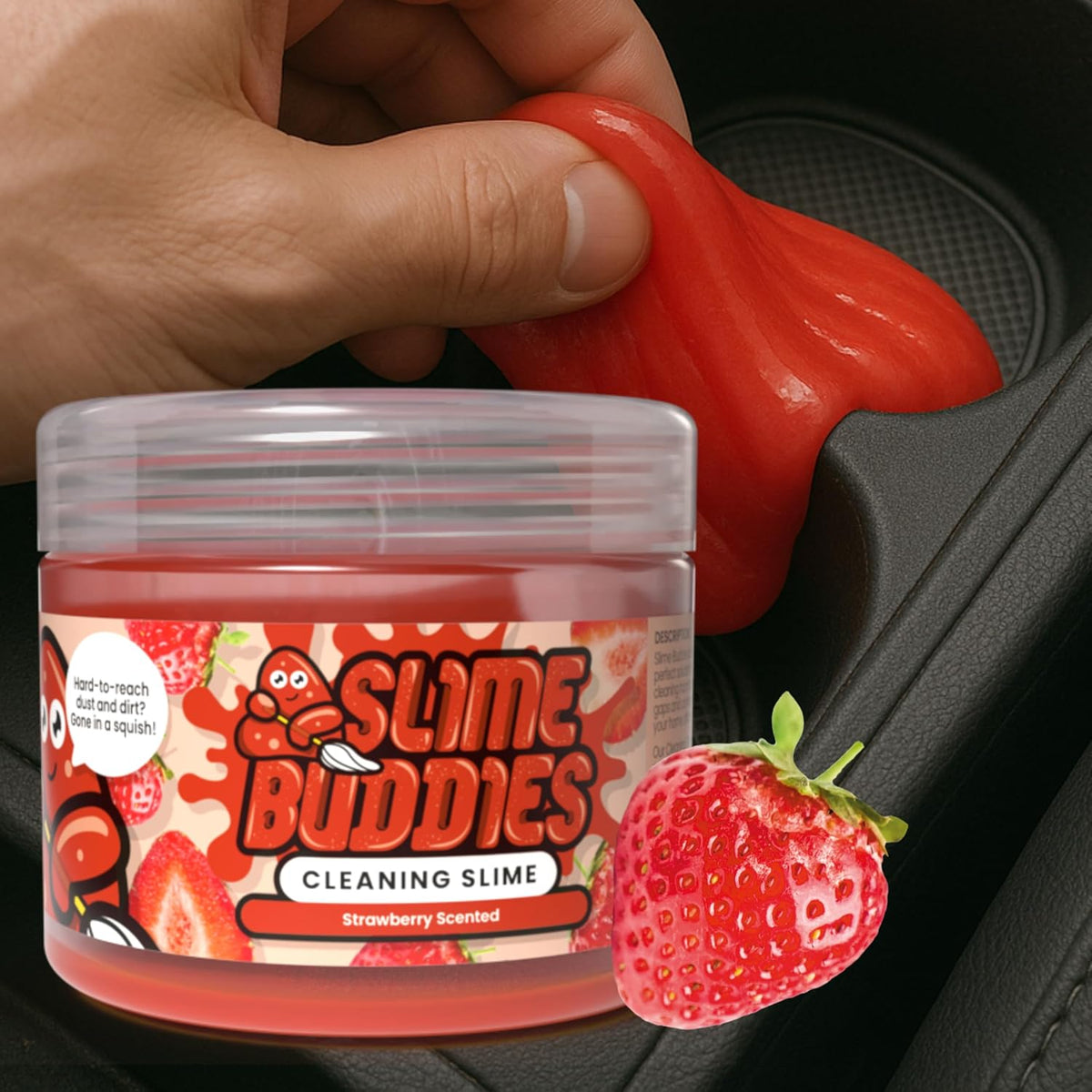 Slime Buddies Car Cleaning Gel Putty - Strawberry Scented Interior Detailing Tool for Cup Holders, Air Vents & Keyboard - Reusable Auto Detailing Accessories - Dust Remover Goop - Gifts for Men Women