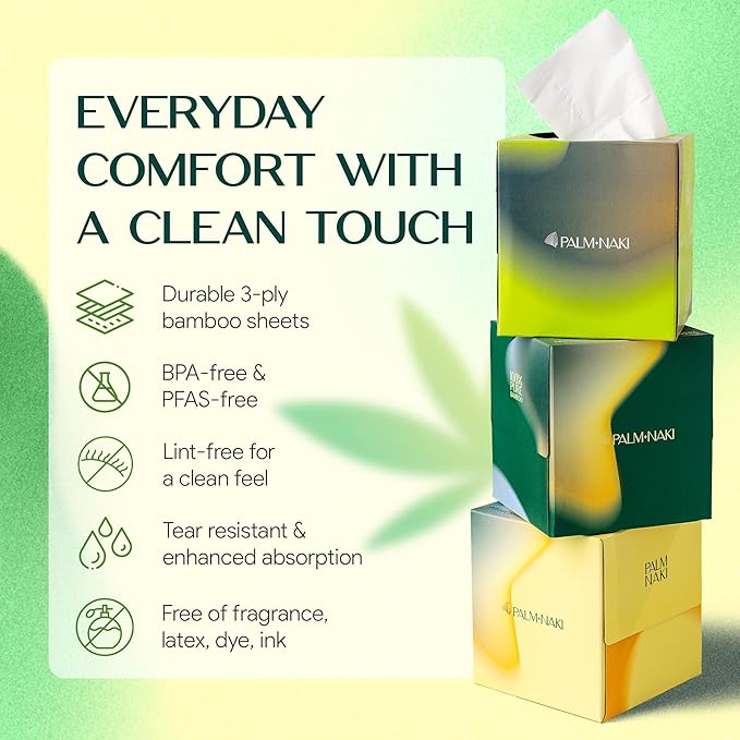 Bulk Case: Bamboo Facial Tissue | 3-Ply Strong | Lint-Free, Fragrance-Free | Gentle for Sensitive Skin | BPA & PFAS-Free, FSC Certified | 24 Cube Boxes | PALM NAKI