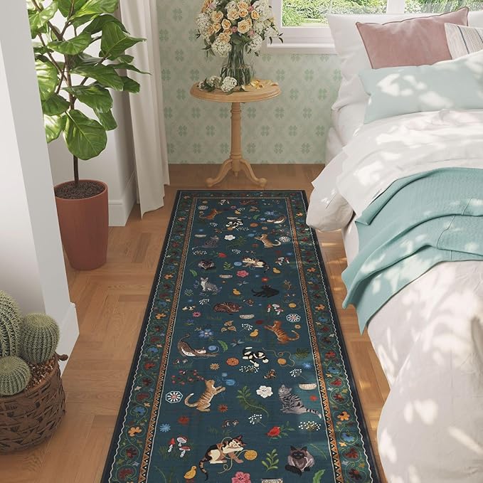 Rugcomf Runner Rug for Kitchen Non Slip 2'x6' Washable Rugs with Rubber Backing Soft Floral Animal Cat Carpet Runner for Kitchen Laundry Bedroom Bathroom, Pearl Gentian Blue