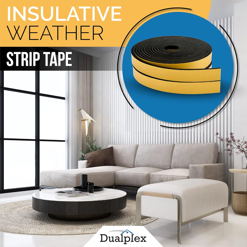 High Density Foam Weather Stripping Door Seal Strip Insulation Tape Roll for Insulating Door Frame, Window, Air Conditioner | Self Adhesive Sealing Weatherstrip (Black, 1 in x 1/4 in x 30 Ft)