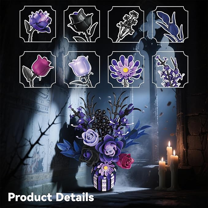 Flowers Bouquet Building Set Roses Purple Compatible with Lego Botanical Collection Gothic for Women Adults Girls 14+ Home Office Decor