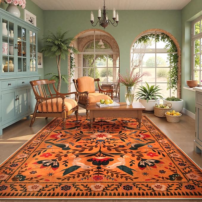 Moynesa Boho Area Rugs 9x12 Living Room, Machine Washable Ultra Thin Soft Bedroom Rug, Indoor Bird Floral Pattern Print Large Orange Carpet for Hardfloor Dining Room Under Table Playroom
