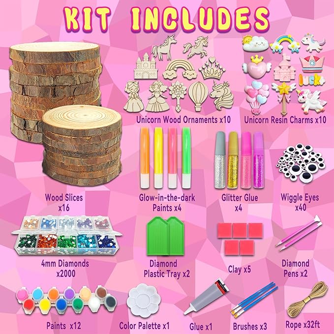 klmars Unicorn Themed Wooden Painting Kit-Glow in The Dark-Arts & Crafts Gifts for Kids Girls Ages 5-12-Wood Slice Craft Activities Kits -Unicorn Art Toys for Kids Christmas Gifts
