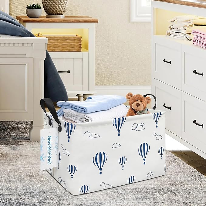 LANGYASHAN Rectangular Storage Bin Collapse Canvas Fabric Cartoon Storage Basket with Handles for Organizing Home Kitchen Boys and Girls Toys Office Closet Shelf Baskets (Rec Blue Balloon)