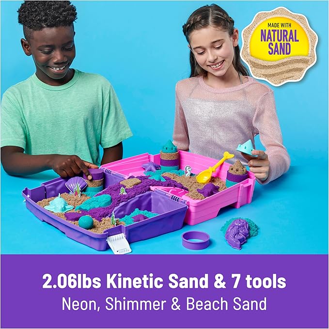 Kinetic Sand, Mermaid Palace Playset Folding Sandbox with 2.06lbs Play Sand (Neon Purple, Shimmer Teal & Beach), Tools, Sensory Toys, Holiday Gifts & Stocking Stuffers for Kids Ages 3 and up