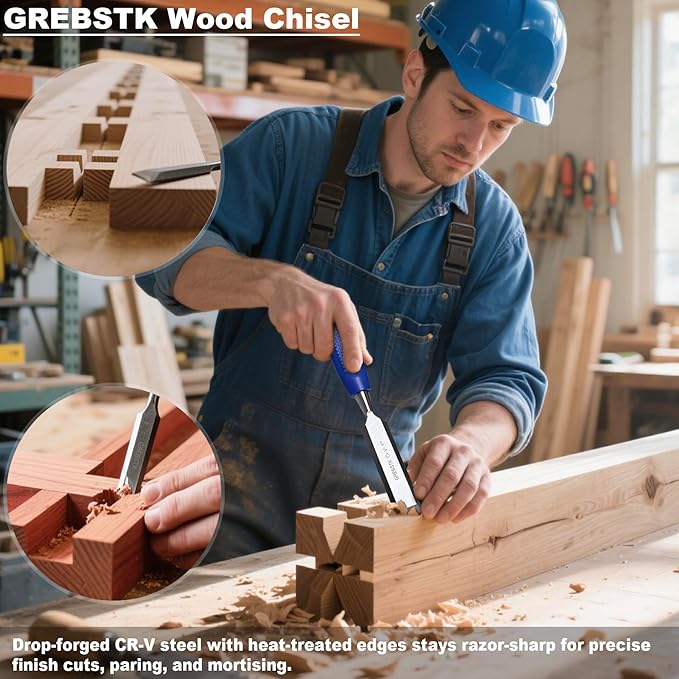 GREBSTK 4 Pcs Wood Chisel Set, CRV Steel Bevel Sharp Edge Bench Chisels with Safety Caps, Comfortable Rubber Handle, for Woodworking and DIY Projects, 9“x(1/4", 1/2", 3/4", 1")
