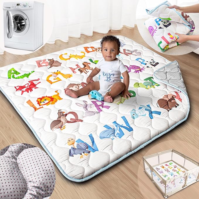 Baby Play Mat, 50x50 Playpen Mat with Super Soft Touch, Activity Mats with Upgraded Anti-Slip Bottom, Machine Washable Crawling Mats for Floor & Picnic (Animal Alphabets)