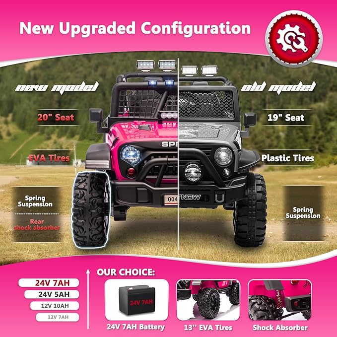 Sopbost 24V 7Ah 2 Seater Ride On Truck Ride On Toy for Big Kids Ride On Car with Remote Control Off-Road Electric Car with Shock Absorber, LED Lights, Bluetooth Music Player, EVA Tires, Pink