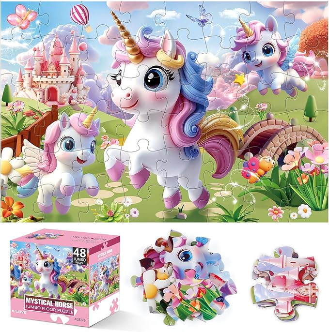 Jumbo Floor Puzzle for Kids,48 Piece Unicorn Large Jigsaw Puzzles,Puzzle for Toddler Ages 3-5,Fun Educational Preschool Learning Toy Gift for Boys & Girls Ages 4-8