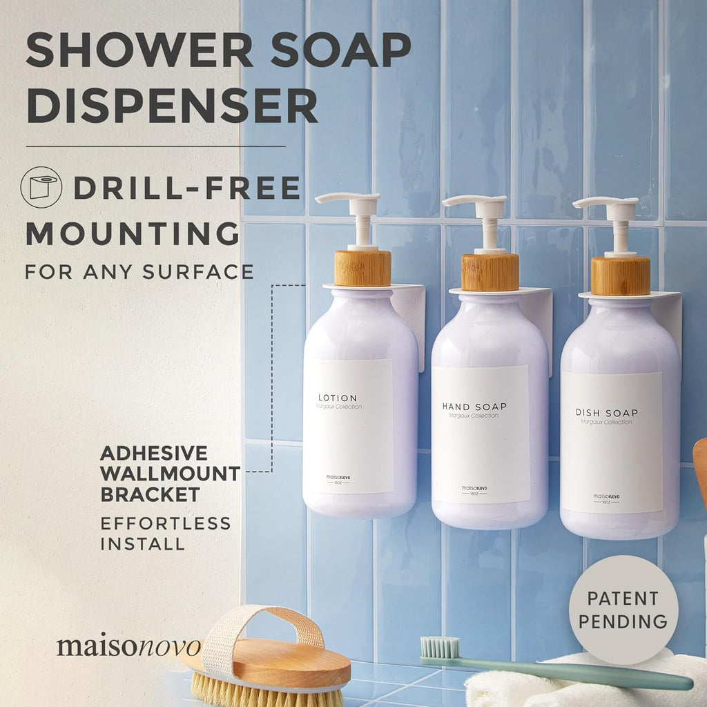 MaisoNovo Shampoo and Conditioner Dispenser - Shower Soap Dispenser Wall Mounted - 16.9 fl oz Set of 3 White Plastic Bottles Bamboo Pump - 3 Chamber No Drill