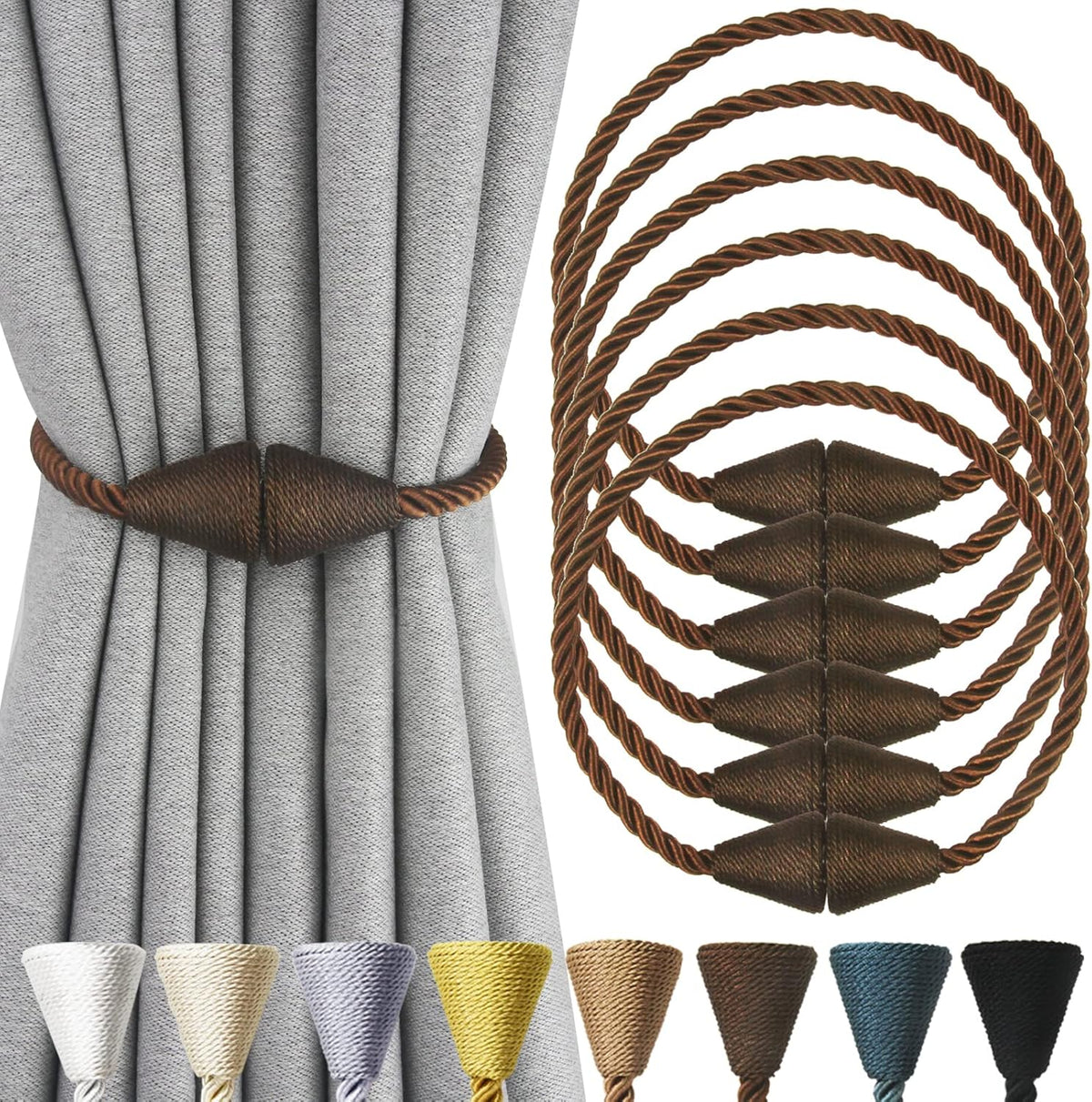 6 Pack Magnetic Curtain Tiebacks Rope Modern Handmade Curtain Tie Backs Decorative Drapes Weave Holdbacks for Window Décor, Coffee