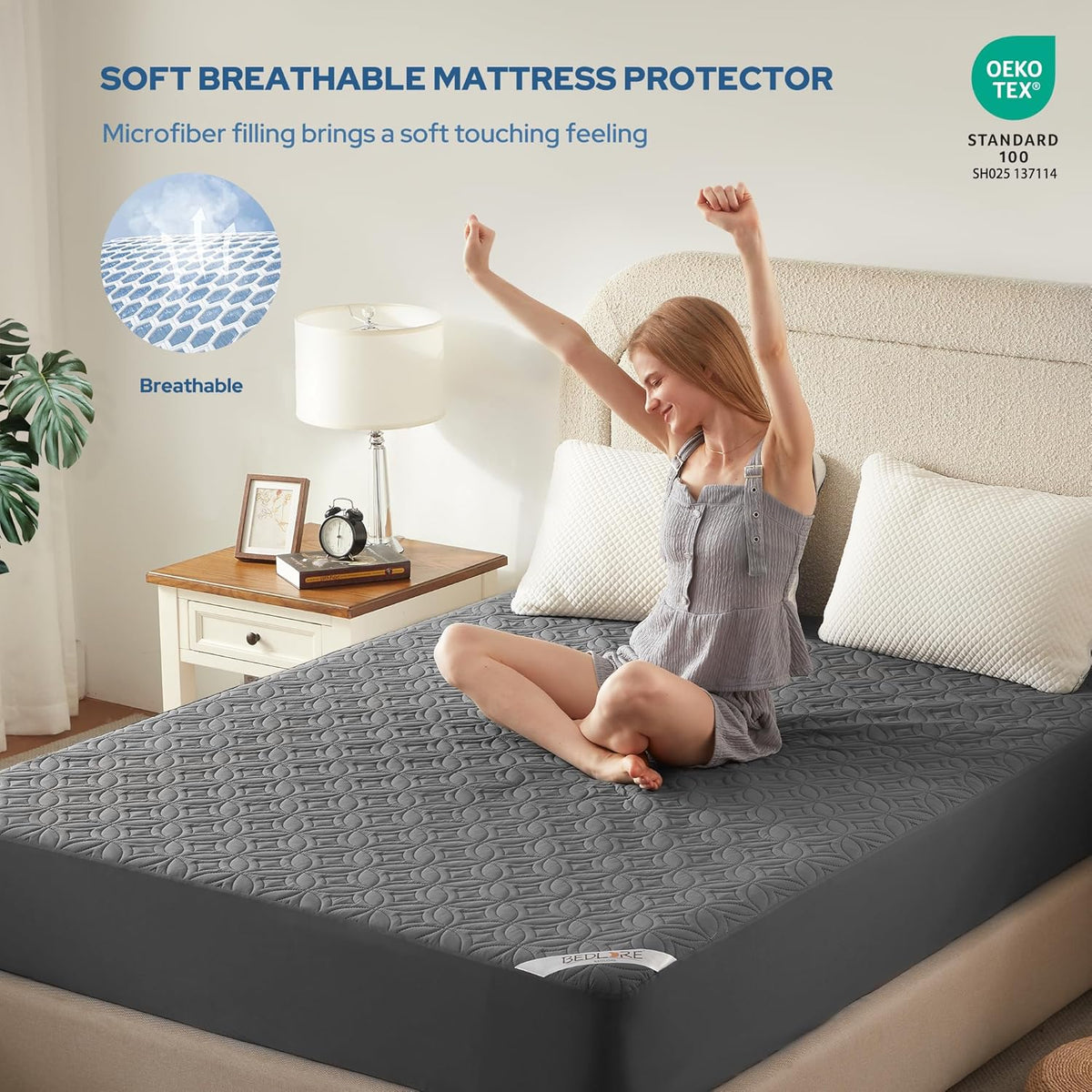 BEDLORE Waterproof Mattress Protector, King Size Mattress Pad with Deep Pocket 6"-18" Depth, Soft Noiseless Dirt-Proof Bed Mattress Cover Washable for Home, Bedroom, Hotel (Gray)