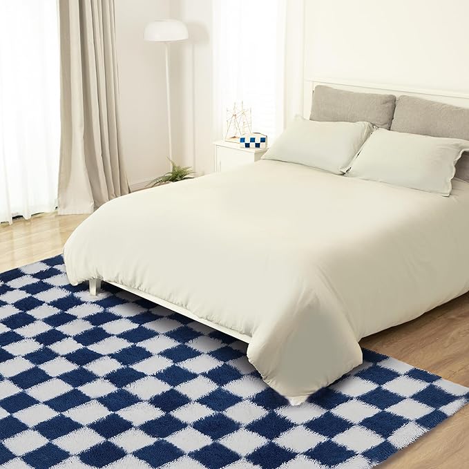 Super Soft Rug for Bedroom, 8x10 ft Blue and White Area Rug Classic Checkered Shaggy Anti-Skid High Pile Soft Fluffy Rug Fuzzy Carpet for Living Room Bedroom Kids Room Nursery, Dorm