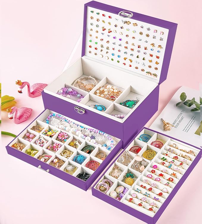 Earrings Jewelry Box for Girls, 5 Layers Jewelry Organizer with Earring Holder Organizer for Girls Earring Organizer Jewelry Boxes for Women Earrings and Necklaces Jewelry Box Organizer Purple