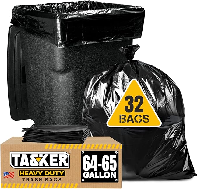 Tasker 65 Gallon Trash Bags for Toter, (Value-Pack 32 Count w/Ties) Extra Large 64 Gallon Heavy Duty, 60 Gal Trash Bags Outdoor Garbage Can Liner for Custodians