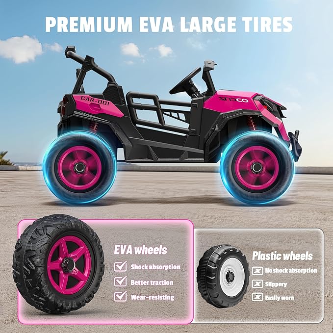 24V 2 Seater Ride on Car Truck, 4x200W, EVA Tires, 4WD/2WD, Rainbow Lights, Remote Control, Shock Absorbers, Bluetooth, Ride On UTV Toy for Kids Ages 3-8, Pink