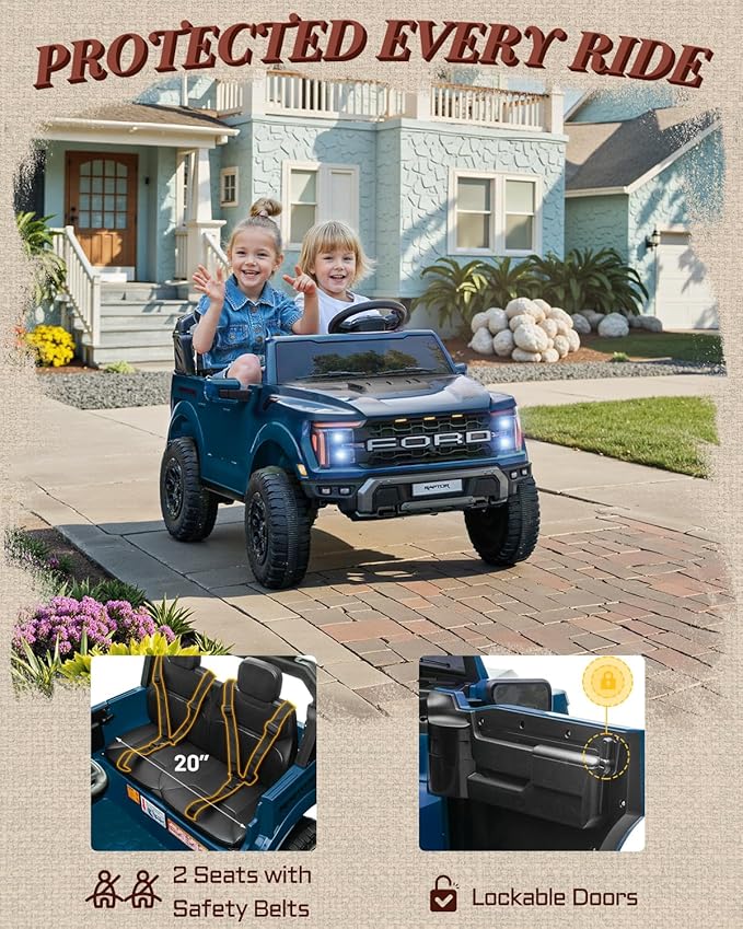 Licensed Ford F-150 Raptor 2 Seater Ride on Car for Kids, 24 Volt Ride on Toys for Boys w/Remote Control, Kids Electric Car w/LED Lights, Bluetooth, Truck Bed Storage, Soft Start (Blue)