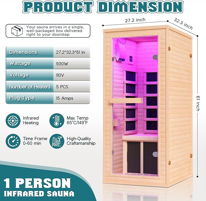 Albott Infrared Sauna 1 Person, Infrared Saunas for Home, 930W/110V Hemlock Wood Dry Sauna with Tourmaline Stone Foot Warmer, 7-Color Light Therapy & 2 Bluetooth Speakers, 27.2"x32.3"x61"