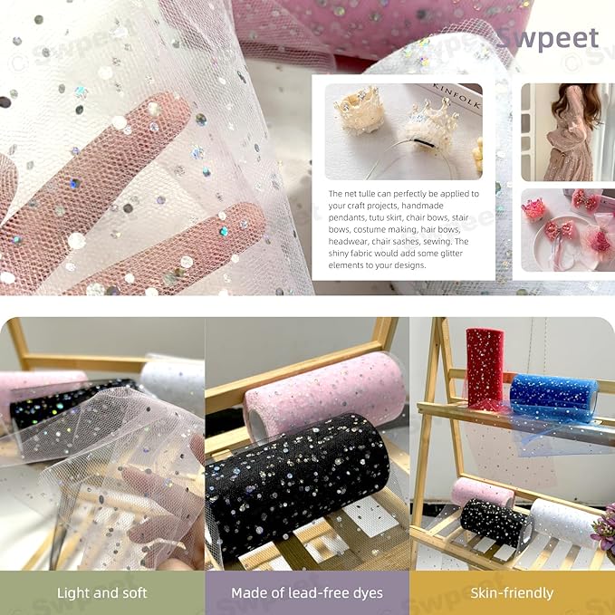 Swpeet 6 Inch by 50 Yards White Glitter Tulle Fabric Roll, Fabric Spool Sparkling Tulle Ribbon, Netting Polyester Spool for DIY Birthday Party Wedding Decorations Christmas Craft Supplies