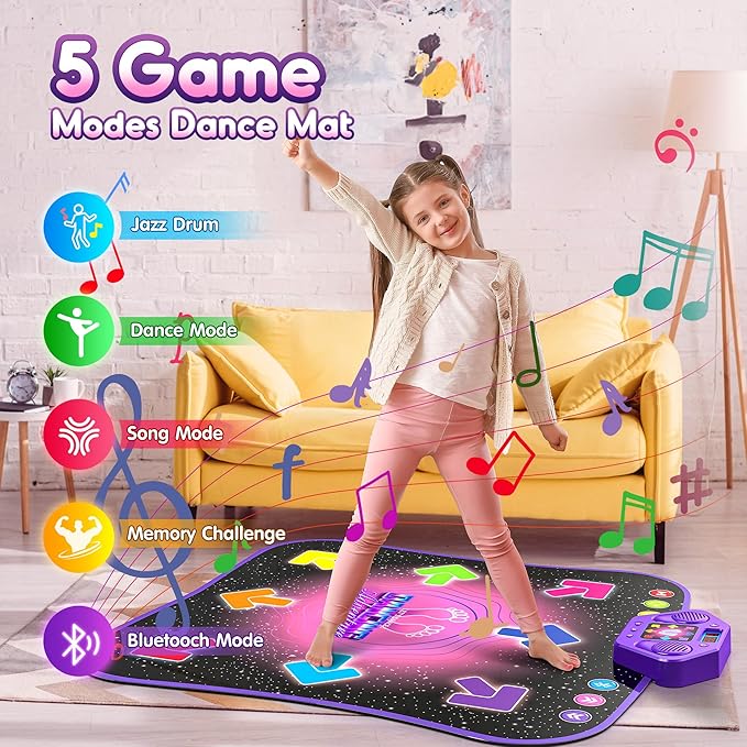 Flooyes Dance Mat Toys for 3-12 Year Old Kids, Electronic Dance Pad with Light-up 8-Button Wireless Bluetooth, Music Dance with 5 Game Modes, Birthday Toys Gifts for 3 4 5 6 7 8 9 10+ Year Old Girls
