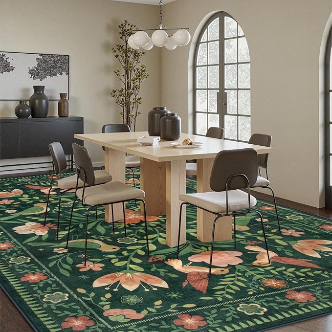 Moynesa Boho Bird 9x12 Area Rug Washable Living Room Rug, Low-Pile Green Floral Bedroom Rugs for Living Room Stain Resistance, Vintage Soft Large Rug for Kids Playroom Nursery