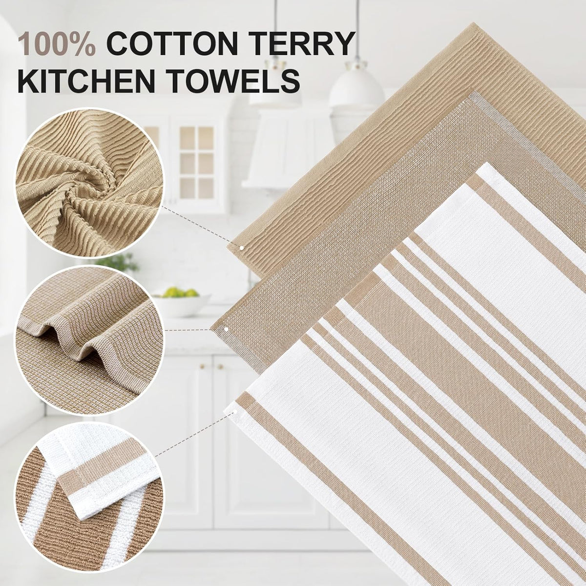 Homaxy Premium Kitchen Towels(18”x 28”, 6 Pack), Large Cotton 380 GSM Kitchen Hand Towels, Soft and Absorbent Terry Dish Towels, Multipurpose Tea Towel Set with Hanging Loop, Khaki