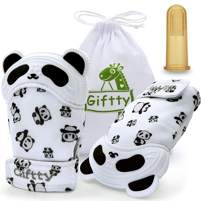 Giftty Panda Teether Mitt - Baby Teething Glove - BPA-Free Silicone - Black and White - 1 Pair + 1 Toothbrush