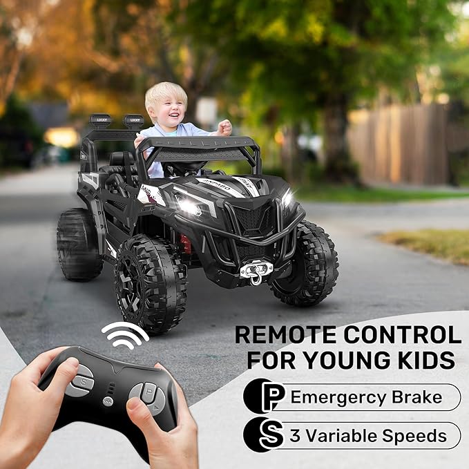ANPABO 24V 4X4 Ride on Car Truck w/Remote Control, 4WD/2WD Switchable Kids UTV, 19" Spacious Seat, 4 Shock Absorbers, Soft Start, Music Player, Electric Car for Kids Ages 3+(Black