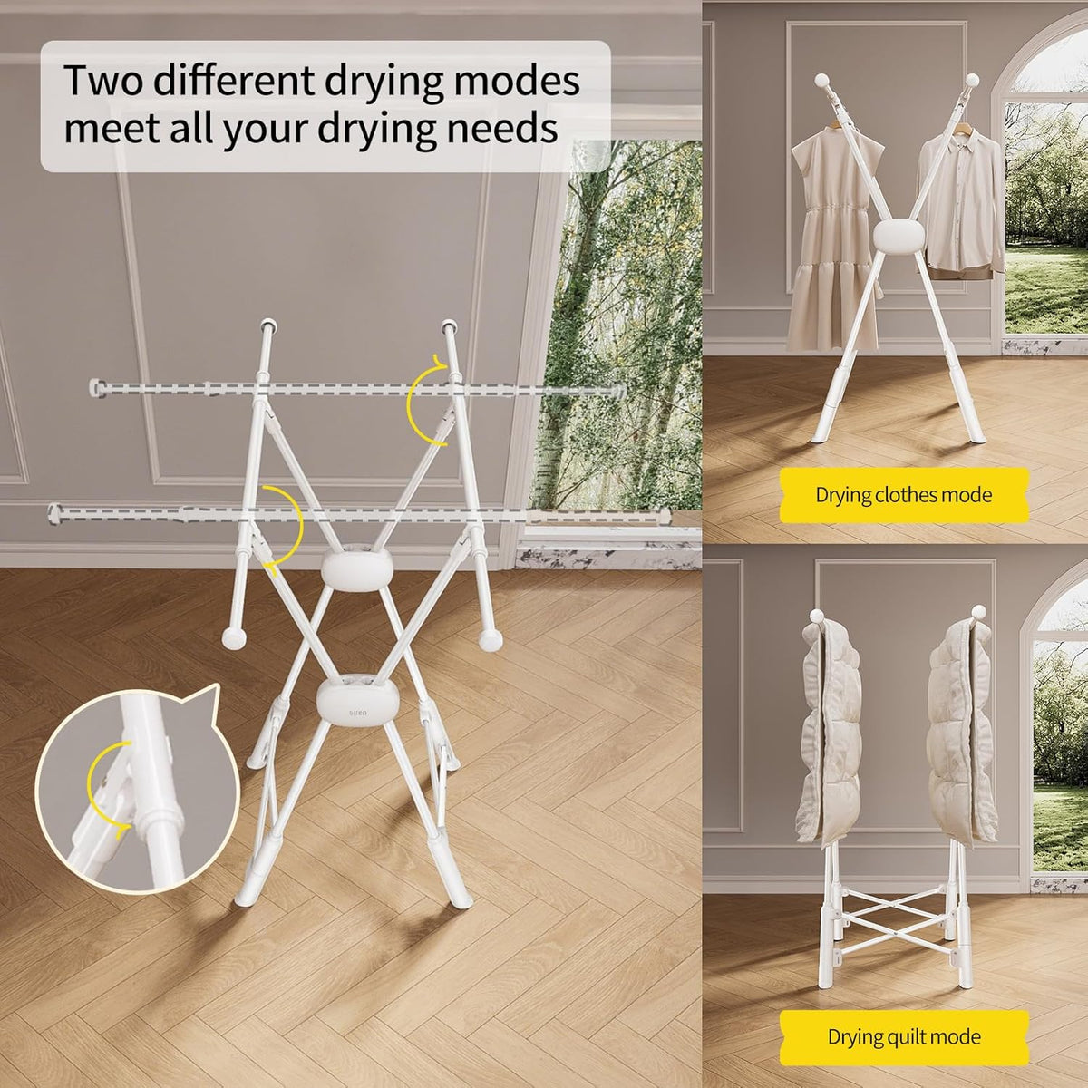 BIREN Clothes Drying Rack Heavy Duty Clothing Racks Extending Laundry Rack Two Drying Modes Garment Racks for Drying Clothes, Adjustable Length from 32-55 Inches for Indoor Outdoor Use