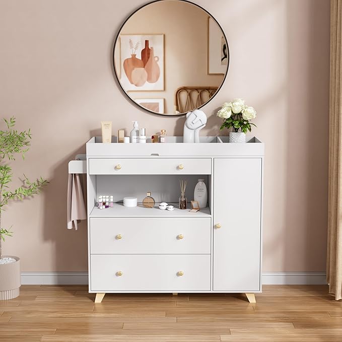 PAKASEPT Changing Table Modern Dresser with Wide Table Top, 3 Drawers, White Drawer Dresser