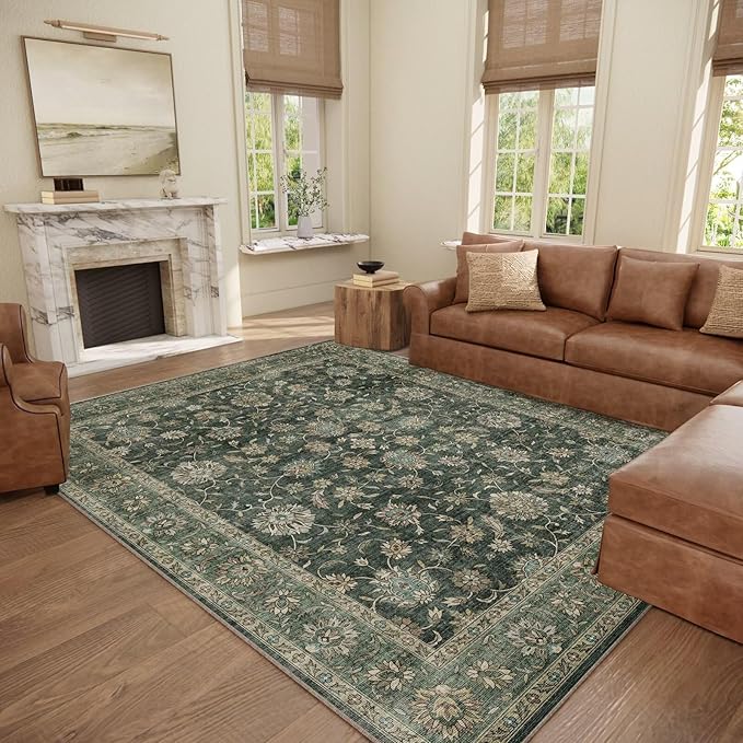 Washable 8x10 Area Rugs for Living Room, Boho Non-Slip Silicone Backing Rugs for Bedroom Dining Room Nursery Office, 0.3" Neutral Oriental Throw Carpet with 0.16" Cushioning Pad, Sage Green/Multi