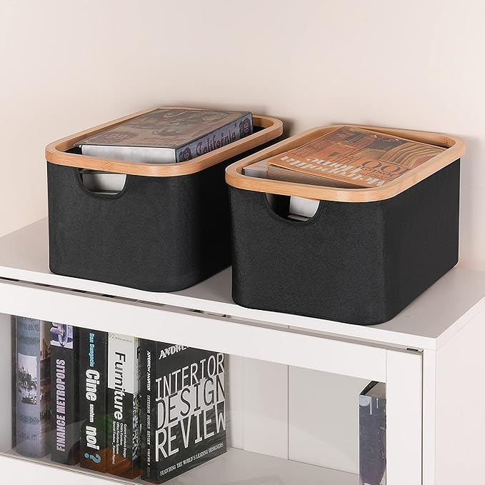 efluky Storage Baskets for Organizing, Fabric Storage Bins with Bamboo Handles, Collapsible Storage Baskets for Shelves and Closet, Black Set of 2