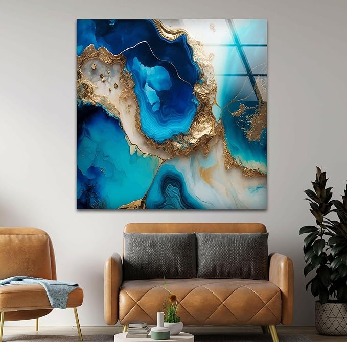 My Photostation.com 28Wx18H'' Blue Alcohol ink Glass Wall ArtTempered Glass Printing Wall Decor Large Wall Art Wall Hangings