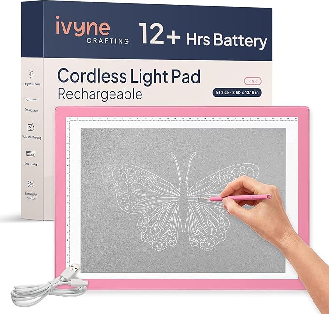 iVyne Rechargeable A4 Light Pad for Tracing & Weeding - LED Light Board for Weeding Vinyl - for Cricut Vinyl Weeding Tools - Ultra-Thin & Portable - Perfect for Artists & Crafters - Pink