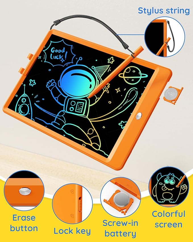 TEKFUN Toys for Girls Boys 10IN LCD Writing Tablet, Magic Doodle Board with Anti-Lost Stylus, Mess Free Coloring for Toddlers Drawing Pad, Toddler Travel Car Plane Trip Toys Gifts (Orange)
