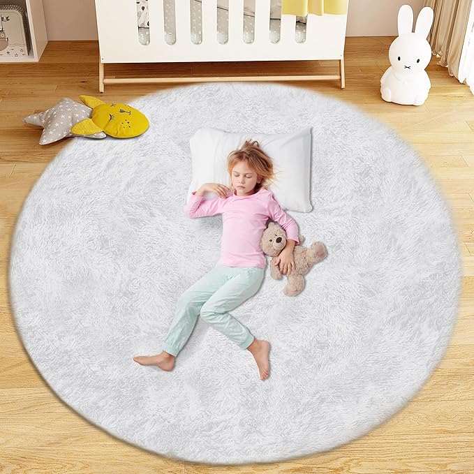 4FT Round Rug for Bedroom: Fluffy Shag Soft Washable Rugs Circle Small Fuzzy Plush Indoor Carpet for Living Room Nursery Playroom Dorm Kids Girls Boys Room (White, 4'x4')
