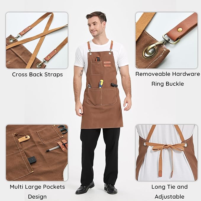 Canvas Aprons, Kitchen Chef Aprons, Work Aprons for Men Women, Adjustable Strap Aprons with 3 Pockets