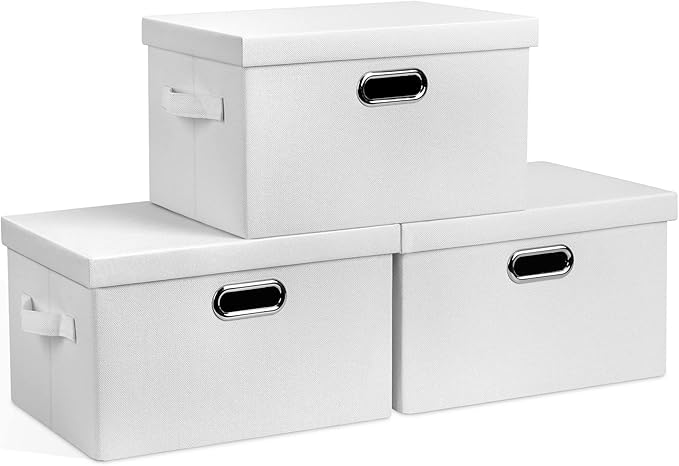 Medium 15" 21 Quart Collapsible Stackable Storage Bins with Lids, 3 Packs White Foldable Fabric Closet Boxes Heavy-duty Linen Cube Baskets Container for Bedroom Office (15 x 11 x 8)