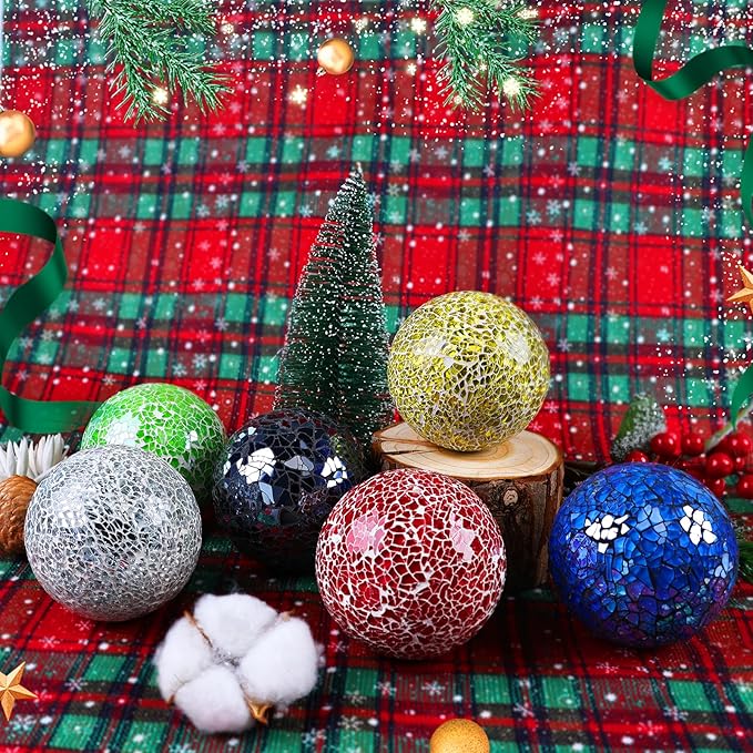 Mosaic Glass Balls 3.35 Inch Decorative Orbs Ball Decor Crack Solid Sphere Mirror for centerpieces Table Bowl Home Christmas Ornaments Silver Set of 3