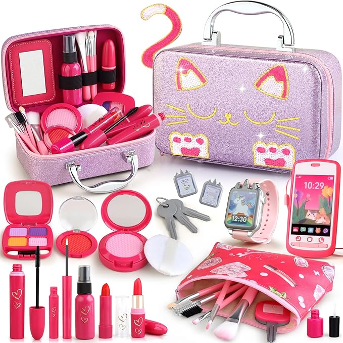Girl Gift Pretend Makeup for Toddlers 3-5 4-6, Fake Makeup Set with Cat Commetic Case, Play Makeup for Kids Age 3 4 5 Year Old, Toddler Make Up Kit for Little Girls Birthday