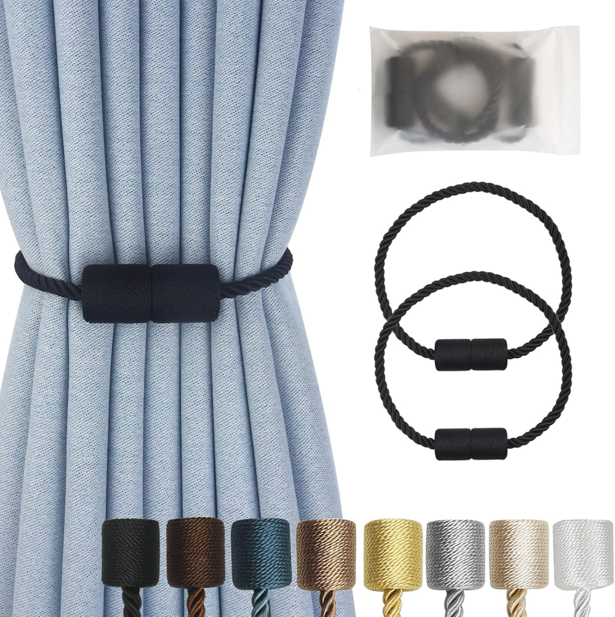 Magnetic Curtain Tiebacks 2 Pack Black Curtain Rope Tieback Curtain Holders for Drapes Modern Tie Backs Decorative Curtain Holdbacks