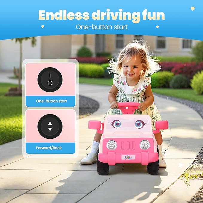 6V Toddler Ride-On Car with Horn LED Front Light Rear Storage and Eyes Theme – Fun & Safe Electric Car for Boys & Girls 18+ Months – Perfect for Little Explorers(Pink Eyes)