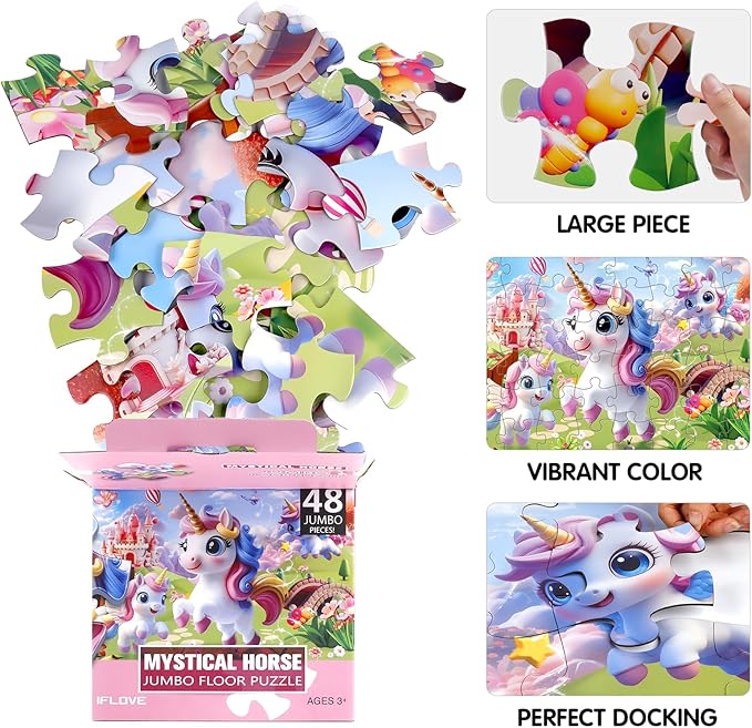 Jumbo Floor Puzzle for Kids,48 Piece Unicorn Large Jigsaw Puzzles,Puzzle for Toddler Ages 3-5,Fun Educational Preschool Learning Toy Gift for Boys & Girls Ages 4-8