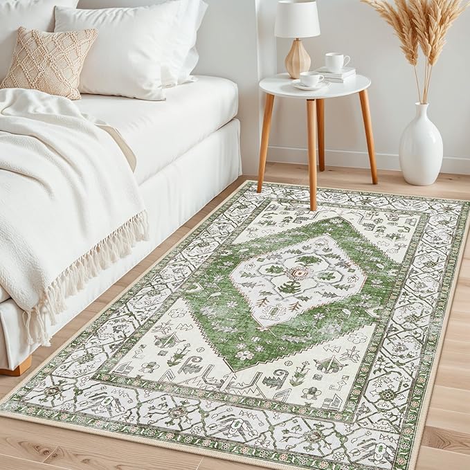 Lahome Boho Green Machine Washable Living Room Rugs - 3x5 Area Rugs for Bedroom Non-Slip Ultra-Thin Entryway Rug, Vintage Print Throw Indoor Carpet Rug for Office Kitchen (Green, 3'x5')