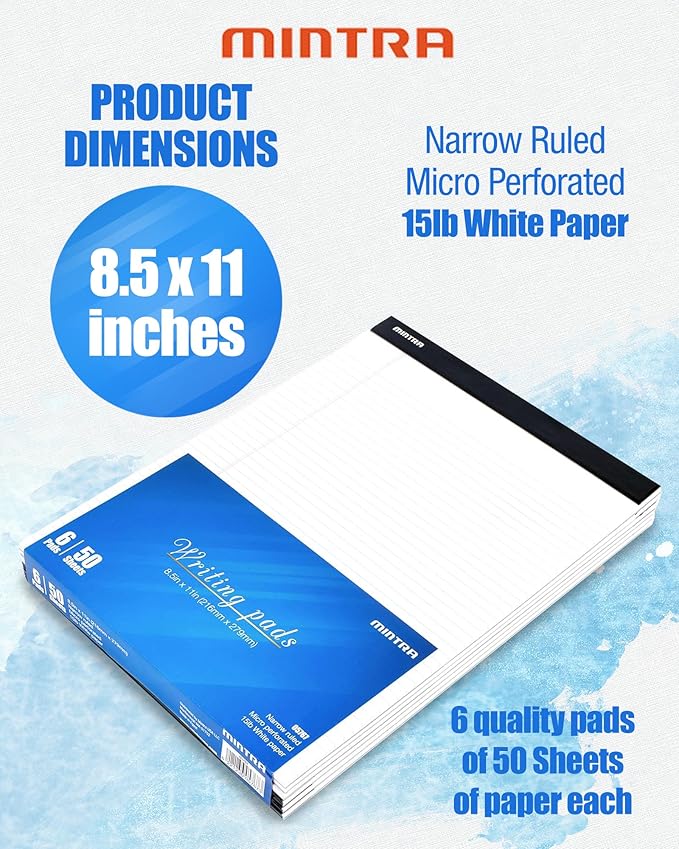 Mintra Office Legal Writing Pads – White Narrow Ruled Paper for Writing & Note-Taking – Ideal Notepads for Business, College, School & Office Use – 8.5" x 11" (6 Pack)
