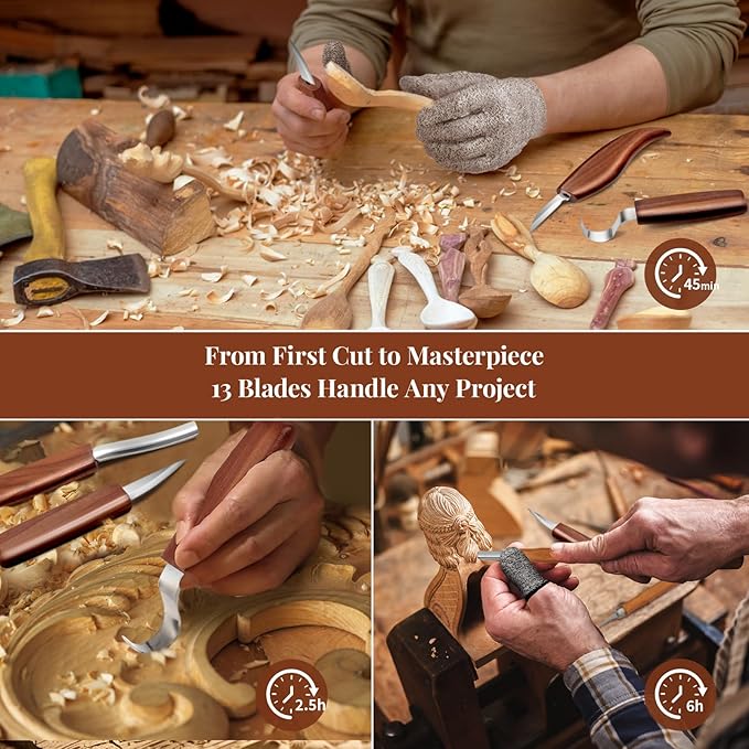 COZYGIFT Wood Carving Kit for Adults & Beginners - 31-Piece Set with 7 Whittling Knives & 6 Detail Gouges, 2 Pre-Carved Basswood Blocks, Leather Roll & Splinter-Free Handles for Woodworking & DIY Gift