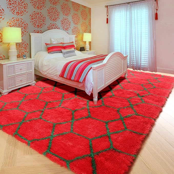 ONASAR Area Rugs for Living Room Bedroom, 5x8 Washable Fluffy Red and Dark Green Rug, Geometric Boho Soft Plush Shaggy Fuzzy Floor Carpet for Nursery Kids Girls Boys Teen Dorm Home Decor Aesthetic