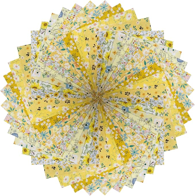HANPATQUI 50PCS 5 x 5 inch Yellow Printed 100% Cotton Fat Quarters Fabric for Sewing and Quilting Bundles Precut Fabric Square for DIY Craft Patchwork